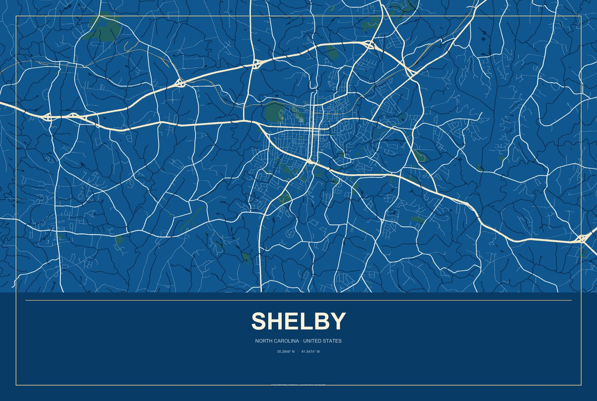 Shelby, North Carolina City Map Aluminum Sign in Harbor Cobalt style