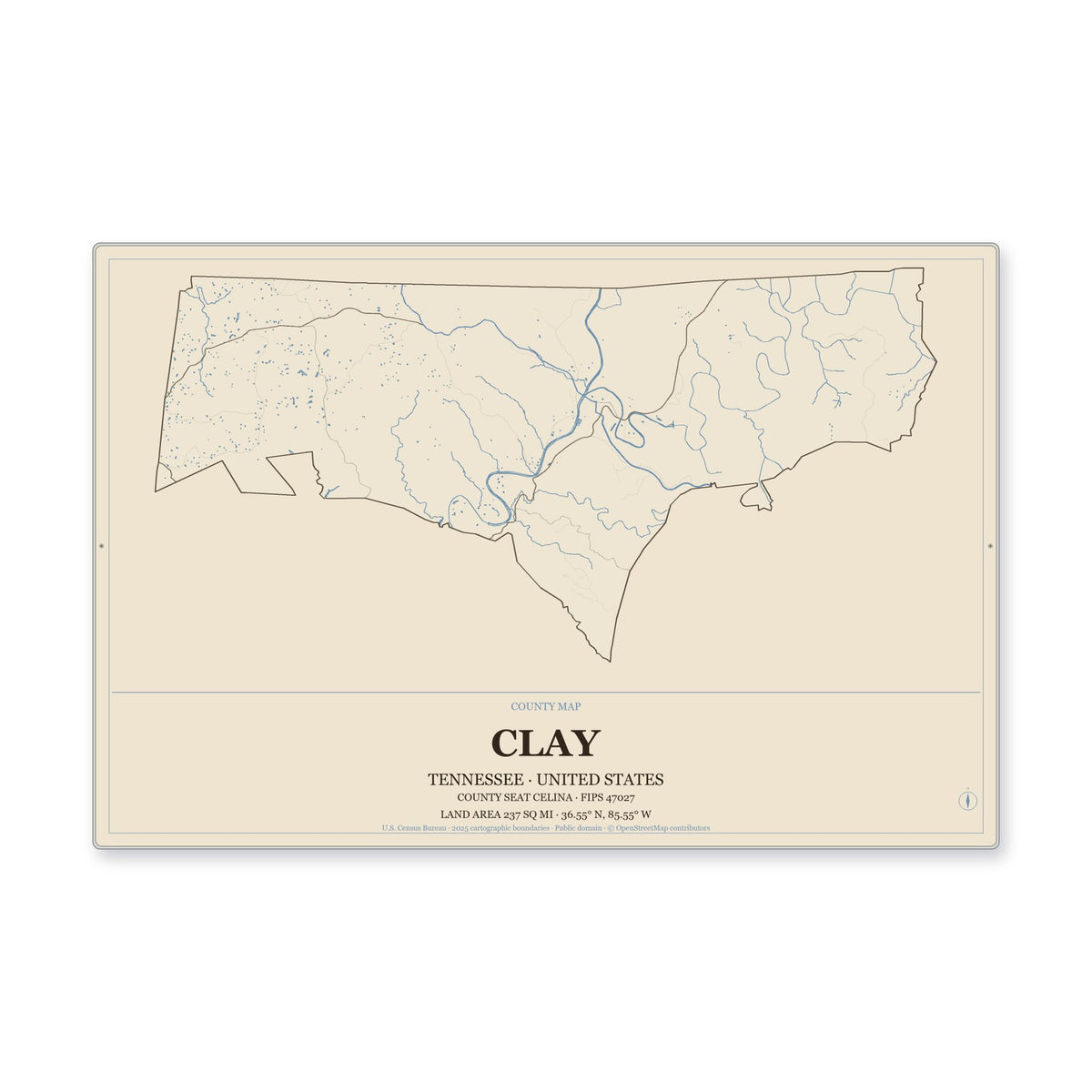 Clay County, Tennessee Map Aluminum Sign in Heritage Nautical style
