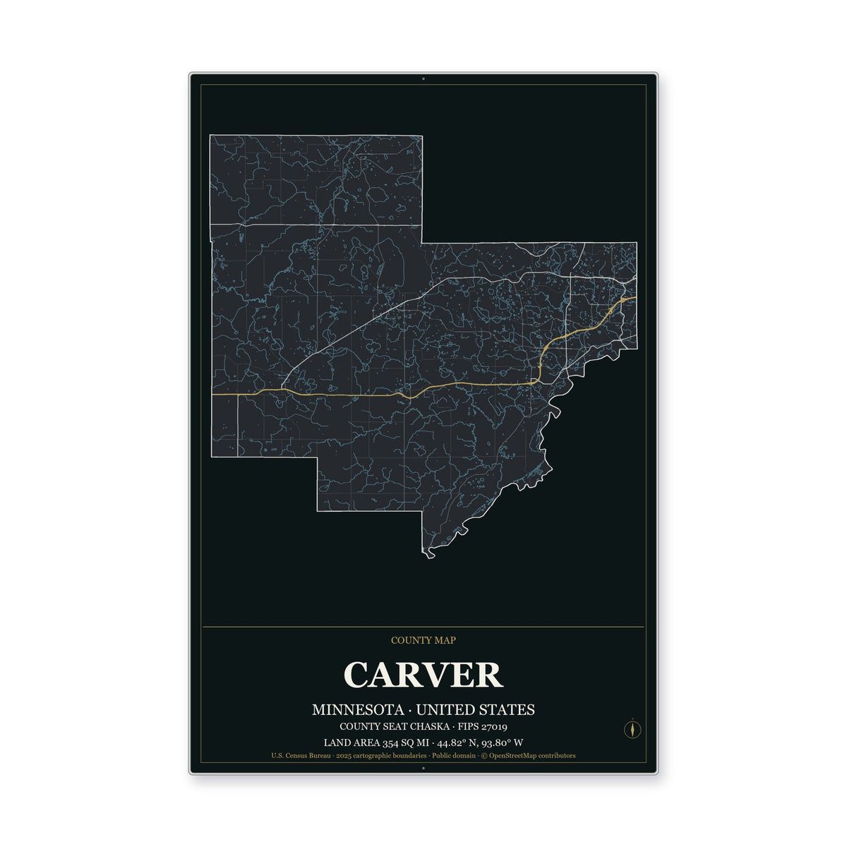 Carver County, Minnesota Map Aluminum Sign in Metropolitan Noir style