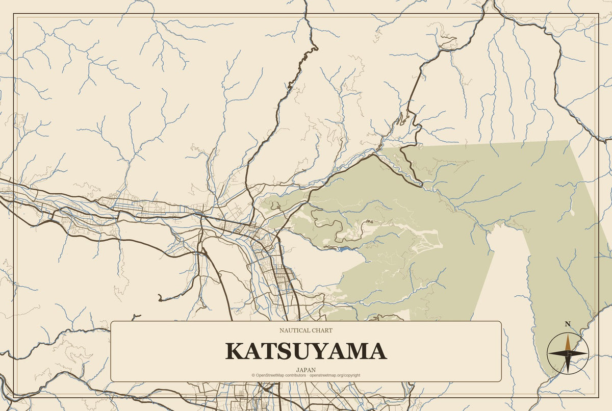 Katsuyama, Japan City Map Aluminum Sign in Heritage Nautical style