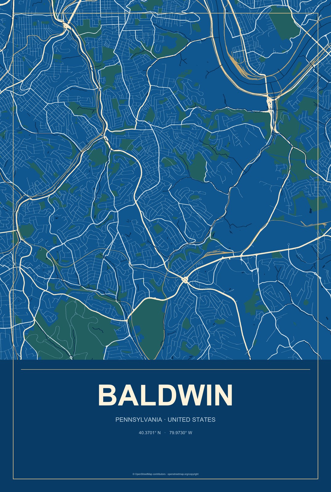 Baldwin, Pennsylvania City Map Aluminum Sign in Harbor Cobalt style