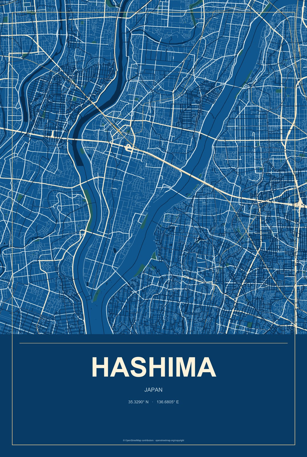 Hashima, Japan City Map Aluminum Sign in Harbor Cobalt style