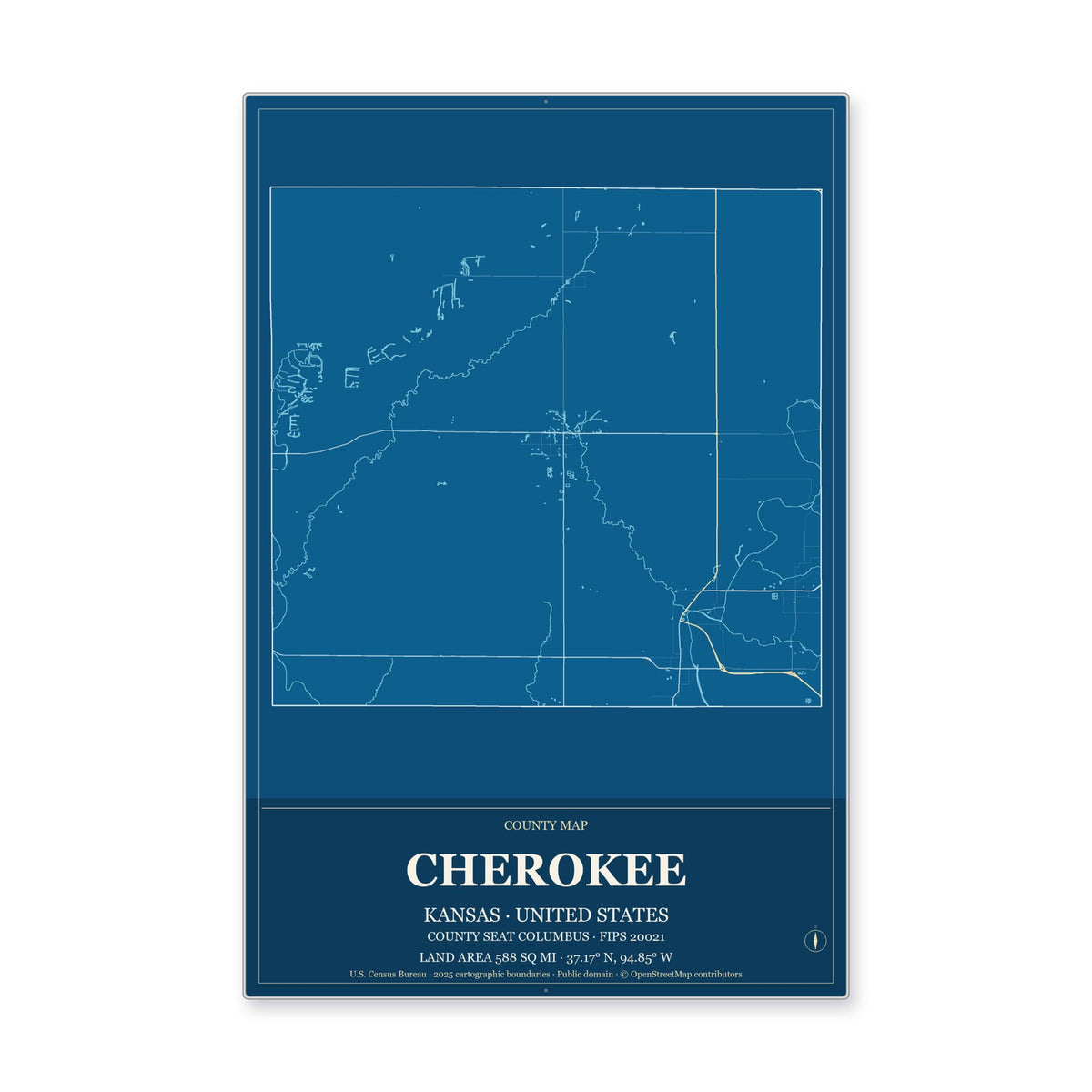 Cherokee County, Kansas Map Aluminum Sign in Harbor Cobalt style