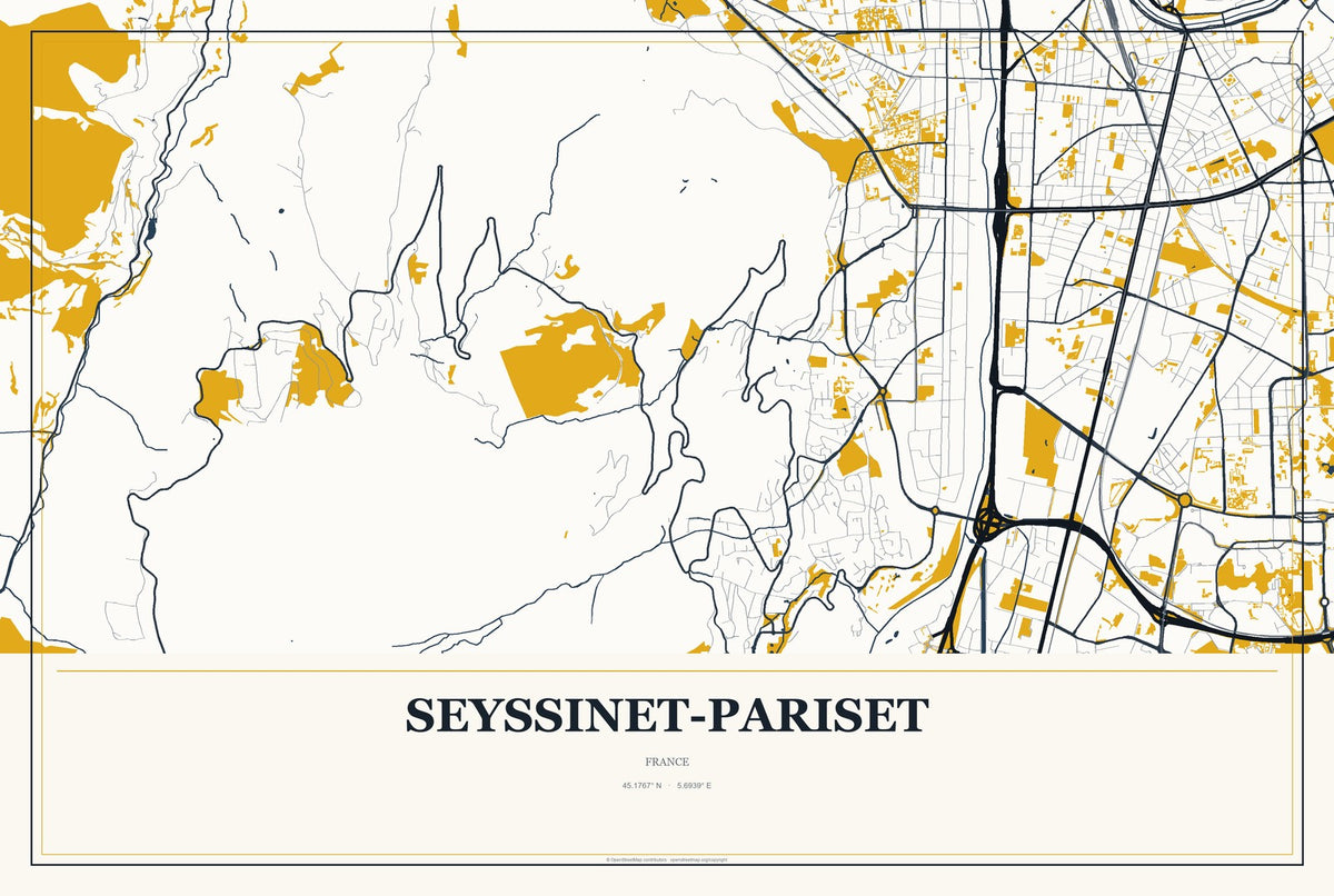 Seyssinet-Pariset, France City Map Aluminum Sign in Citrine Modern style