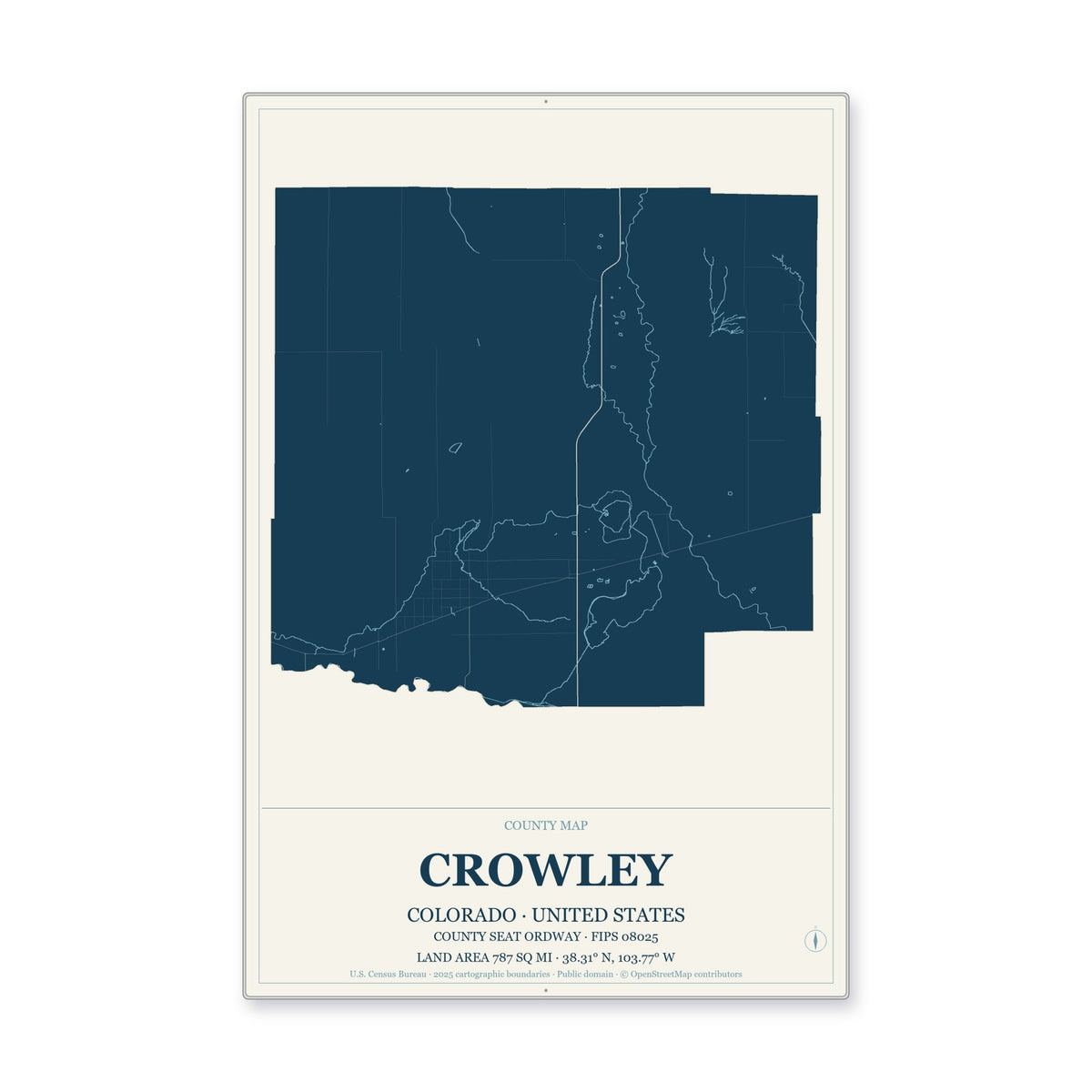 Crowley County, Colorado Map Aluminum Sign in Coastal Cutout style