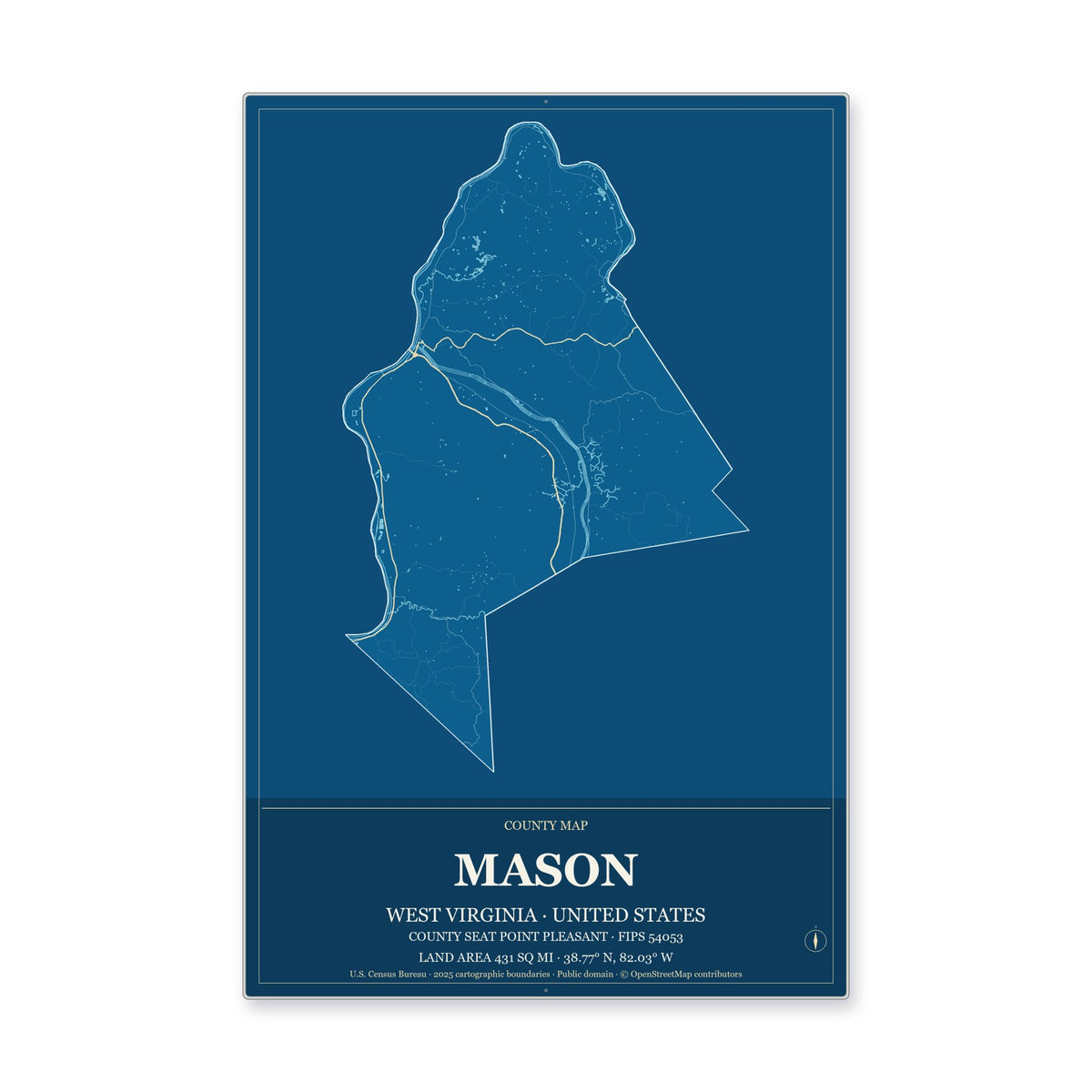 Mason County, West Virginia Map Aluminum Sign in Harbor Cobalt style
