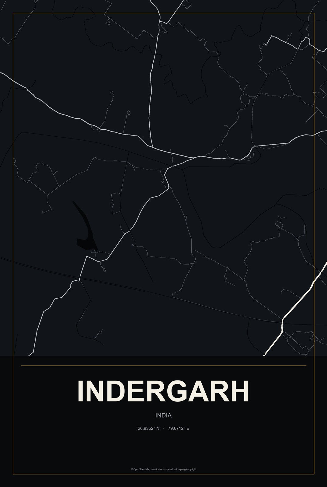 Indergarh, India City Map Aluminum Sign in Metropolitan Noir style