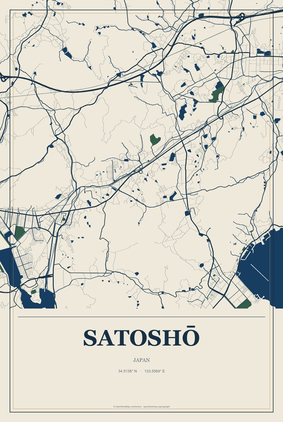 Satoshō, Japan City Map Aluminum Sign in Coastal Cutout style