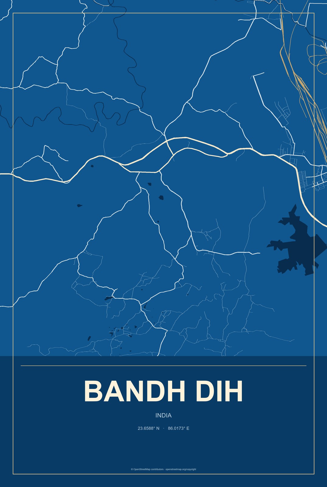 Bandh Dih, India City Map Aluminum Sign in Harbor Cobalt style