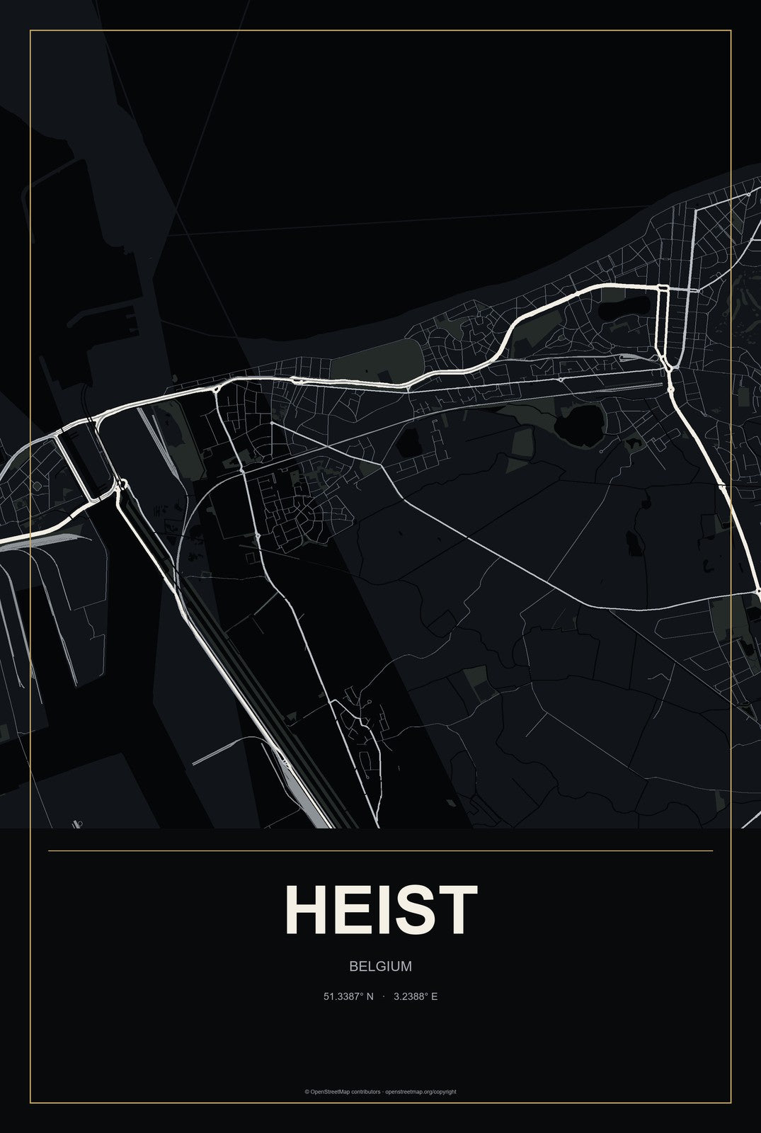 Heist, Belgium City Map Aluminum Sign in Metropolitan Noir style