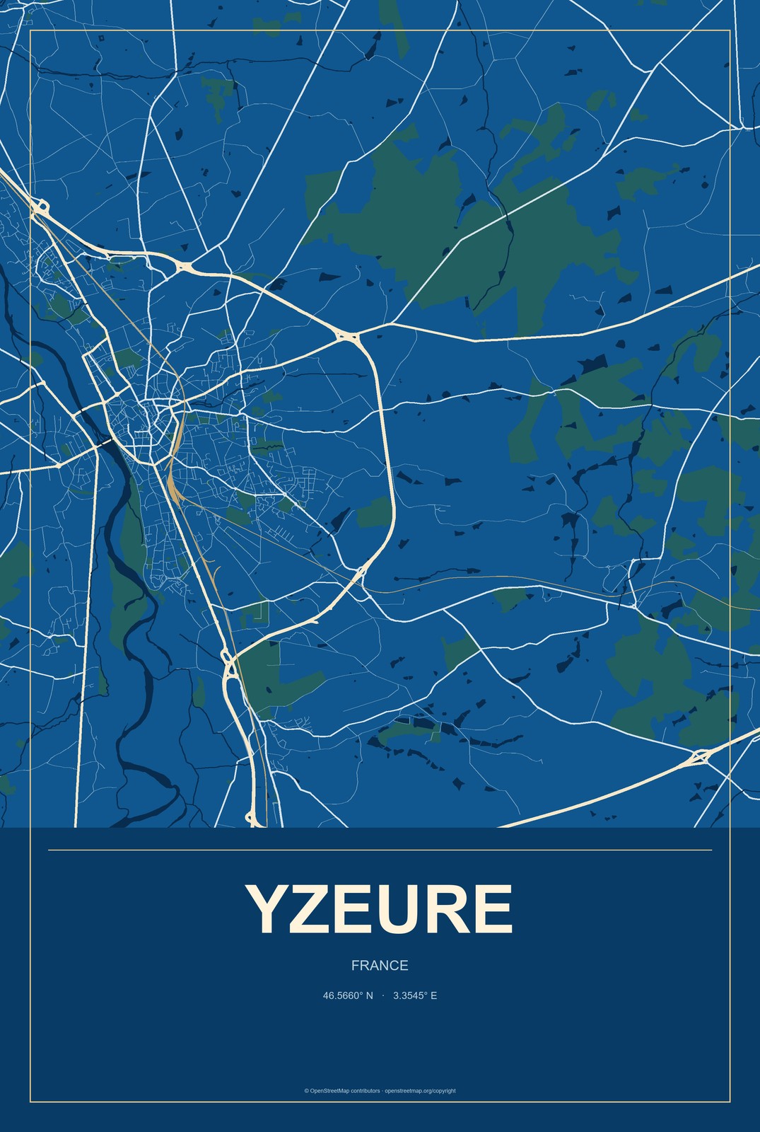 Yzeure, France City Map Aluminum Sign in Harbor Cobalt style