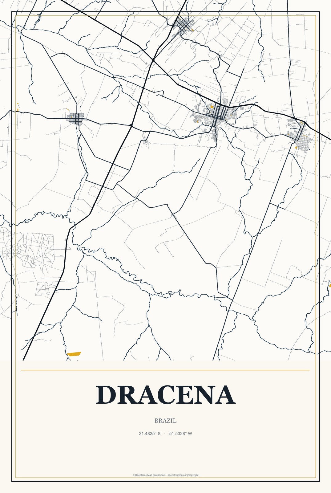 Dracena, Brazil City Map Aluminum Sign in Citrine Modern style