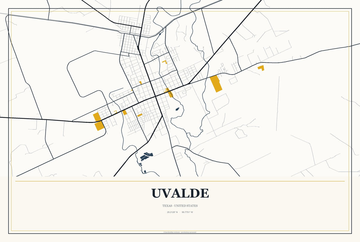 Uvalde, Texas City Map Aluminum Sign in Citrine Modern style