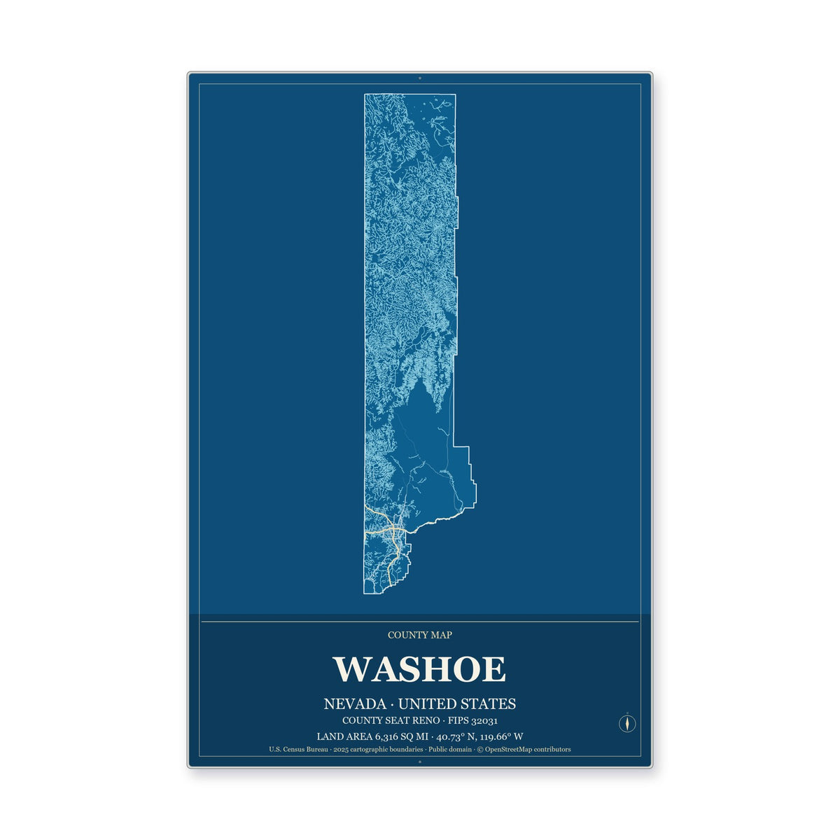 Washoe County, Nevada Map Aluminum Sign in Harbor Cobalt style