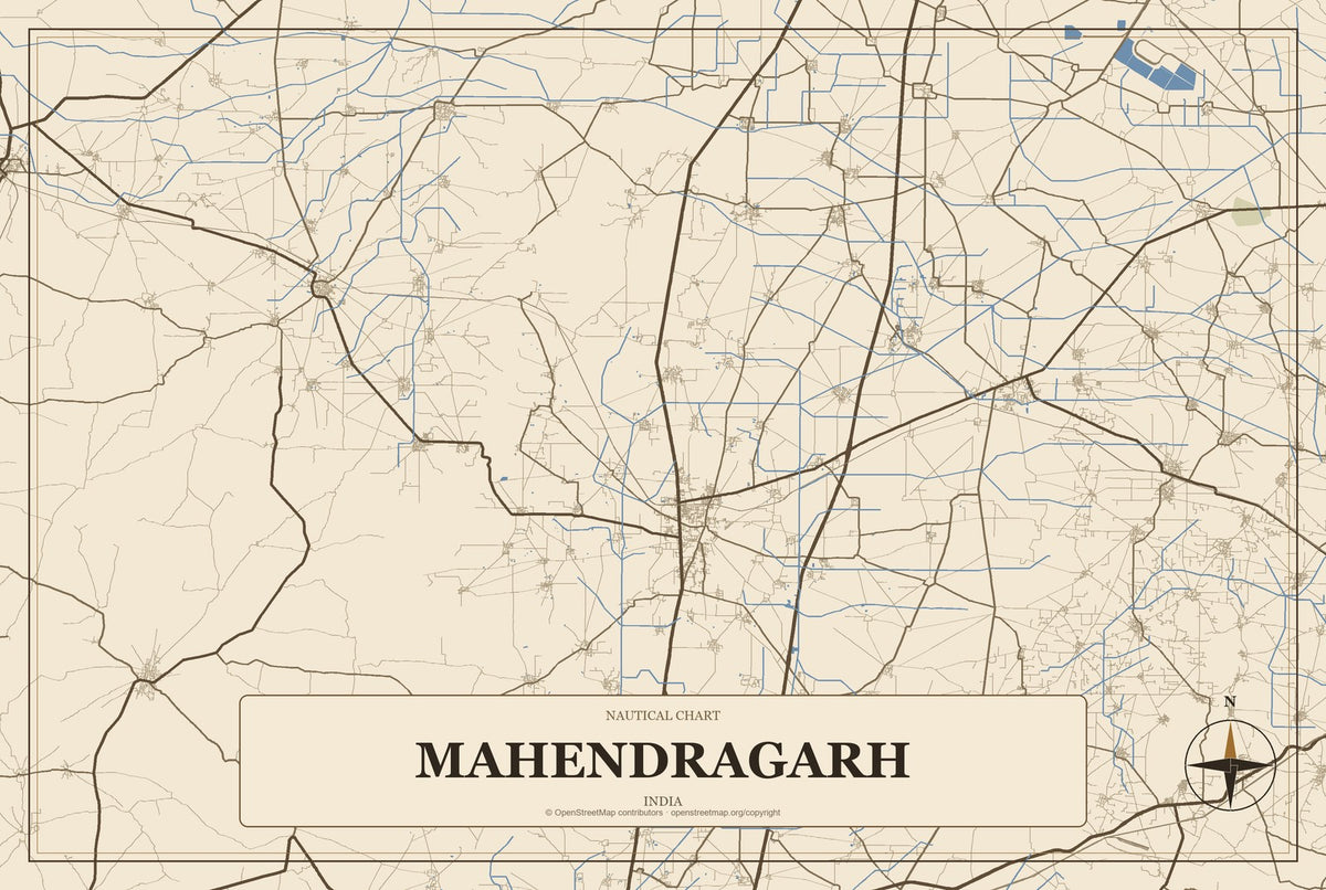 Mahendragarh, India City Map Aluminum Sign in Heritage Nautical style