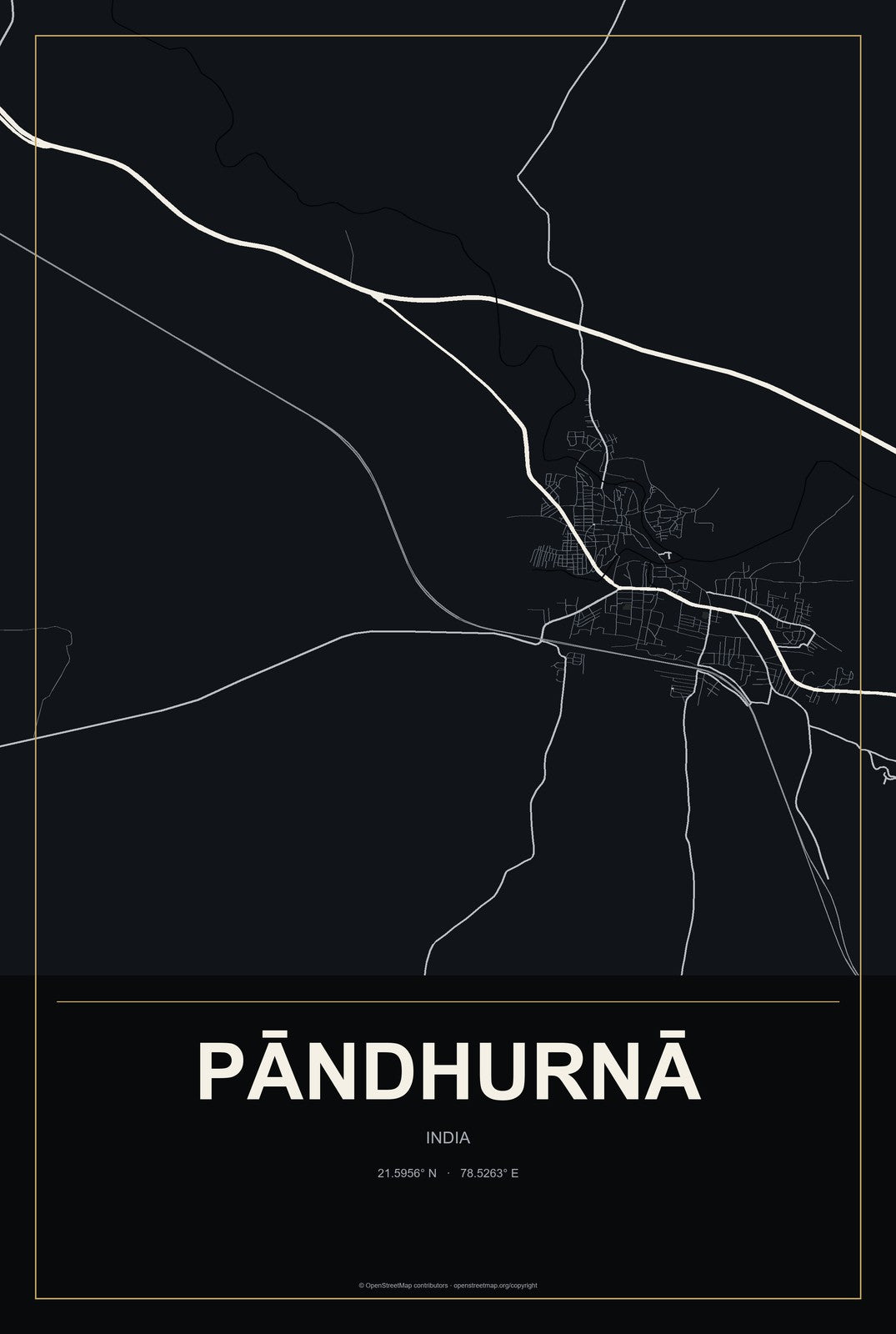 Pāndhurnā, India City Map Aluminum Sign in Metropolitan Noir style