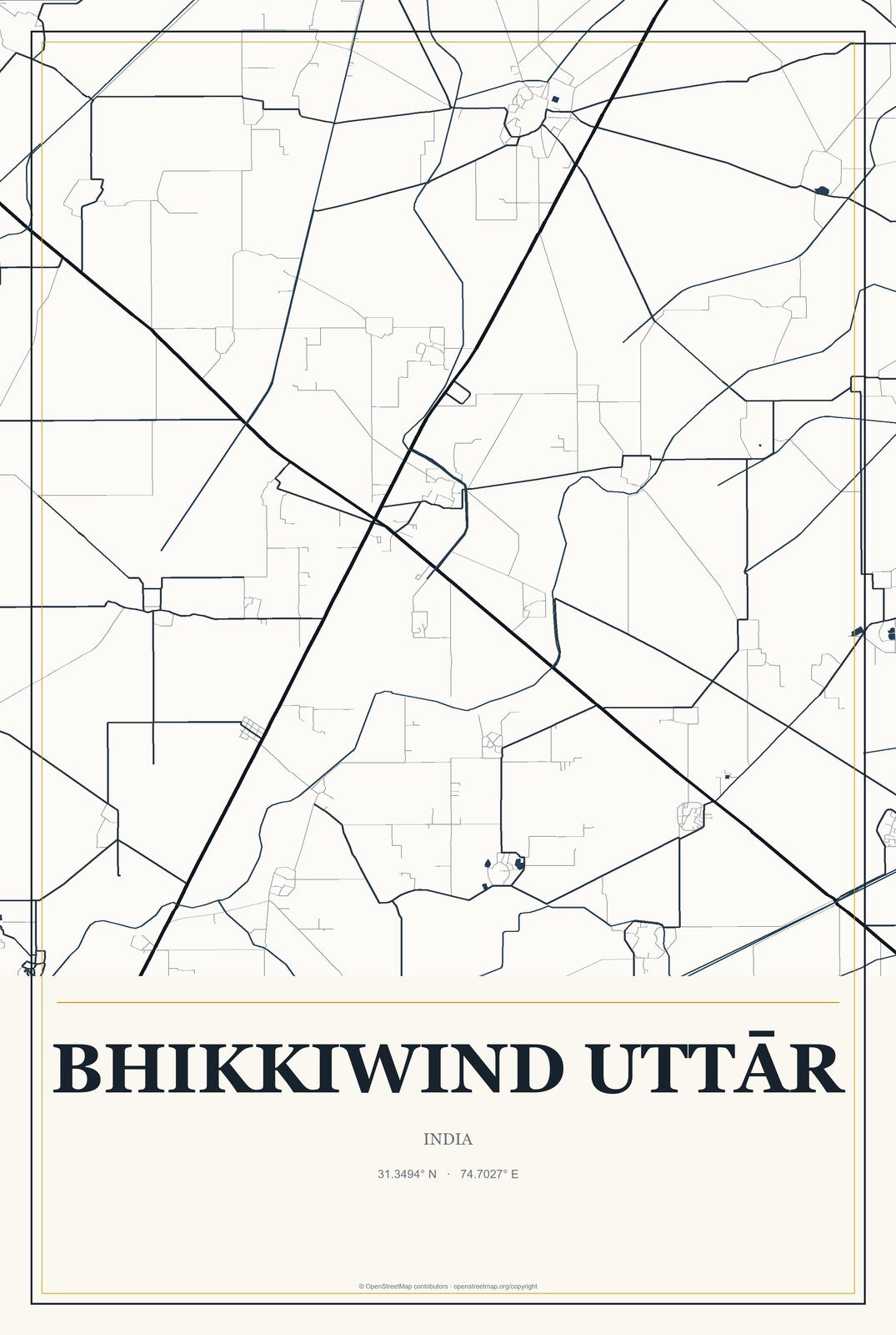 Bhikkiwind Uttār, India City Map Aluminum Sign in Citrine Modern style