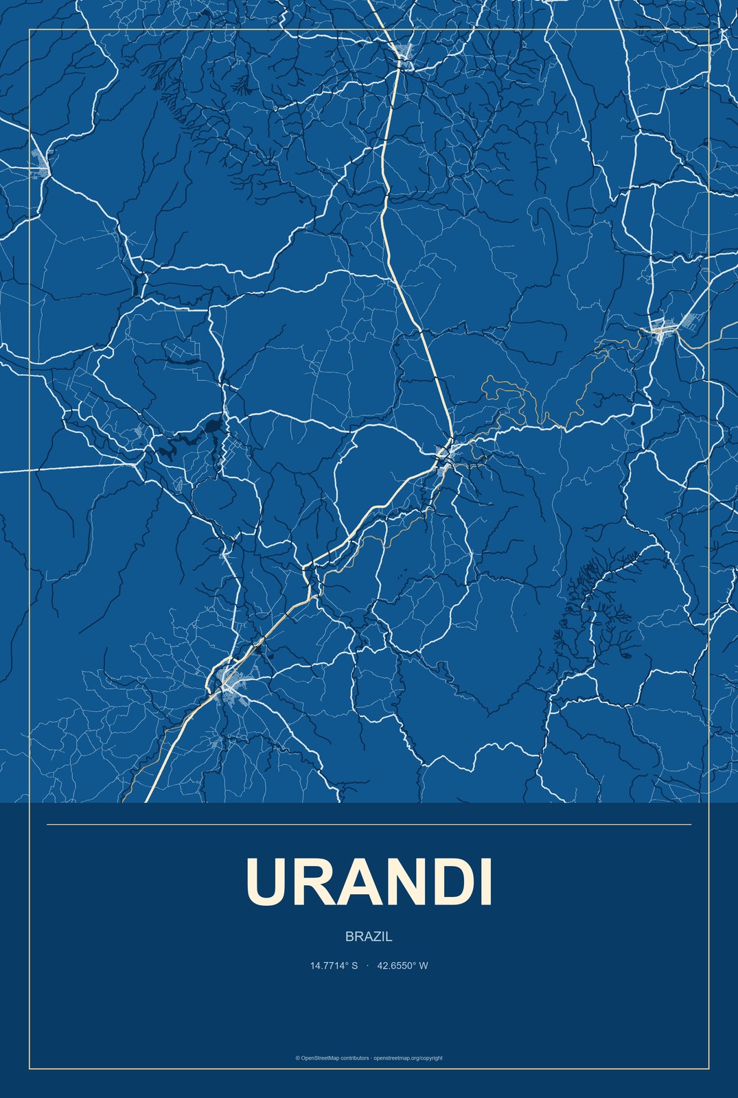 Urandi, Brazil City Map Aluminum Sign in Harbor Cobalt style