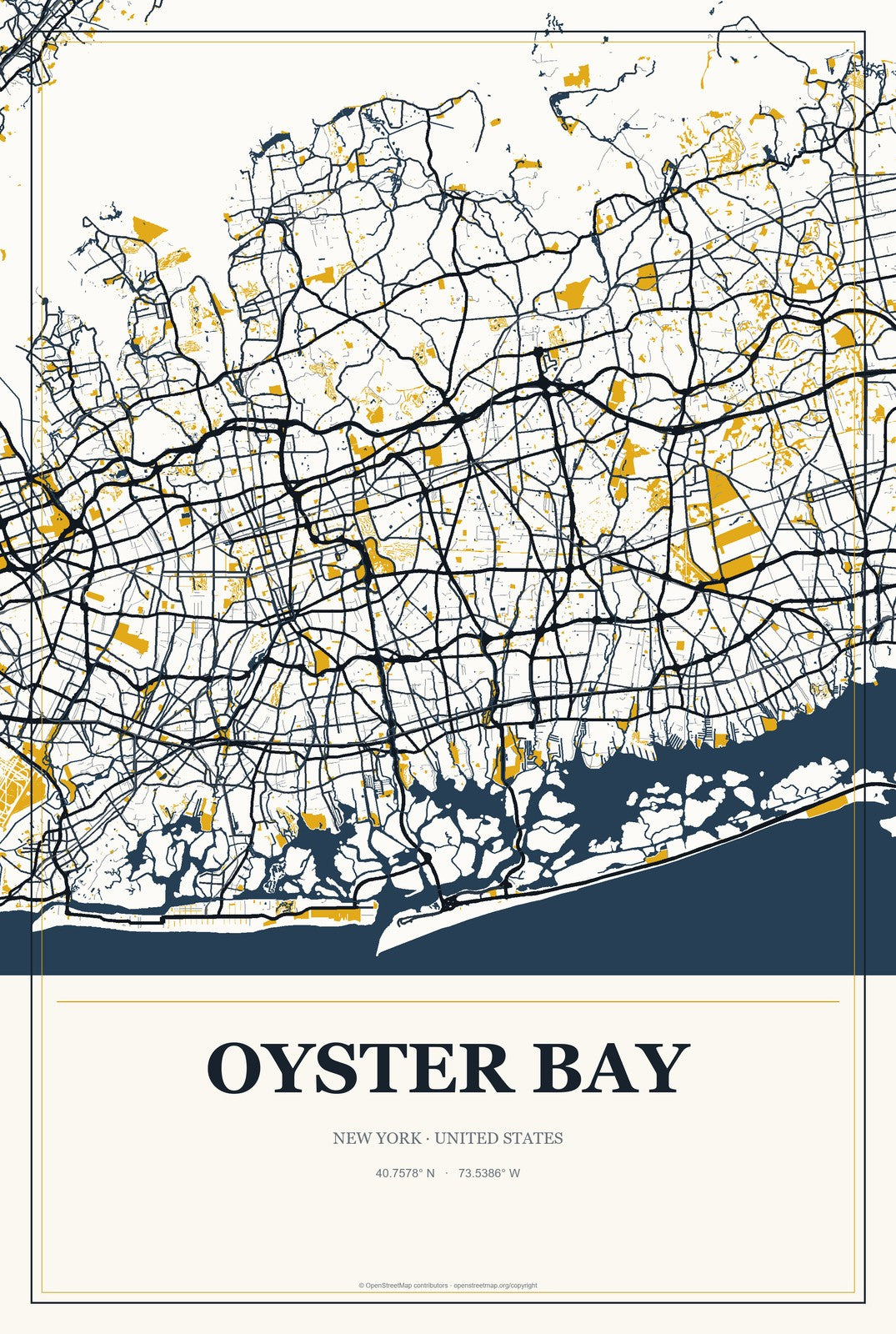 Oyster Bay, New York City Map Aluminum Sign in Citrine Modern style