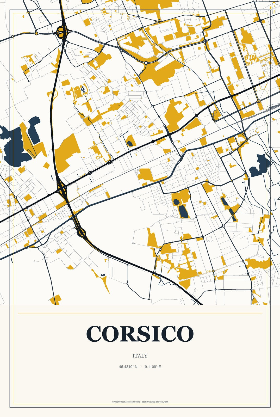 Corsico, Italy City Map Aluminum Sign in Citrine Modern style