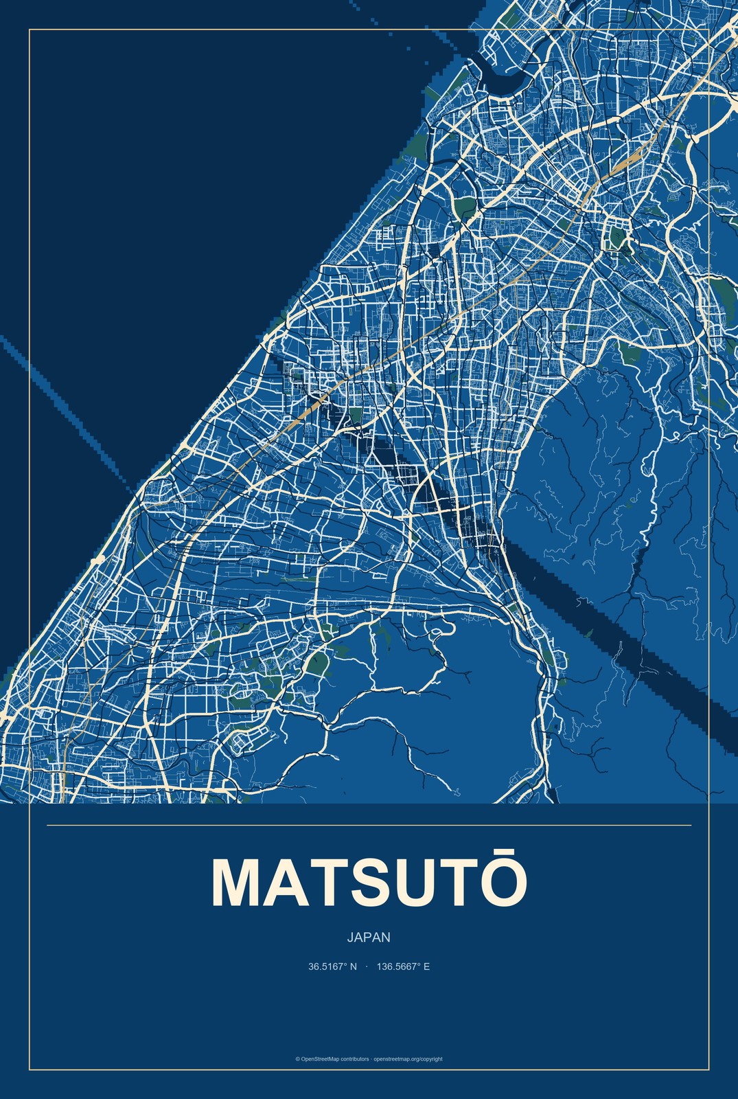 Matsutō, Japan City Map Aluminum Sign in Harbor Cobalt style