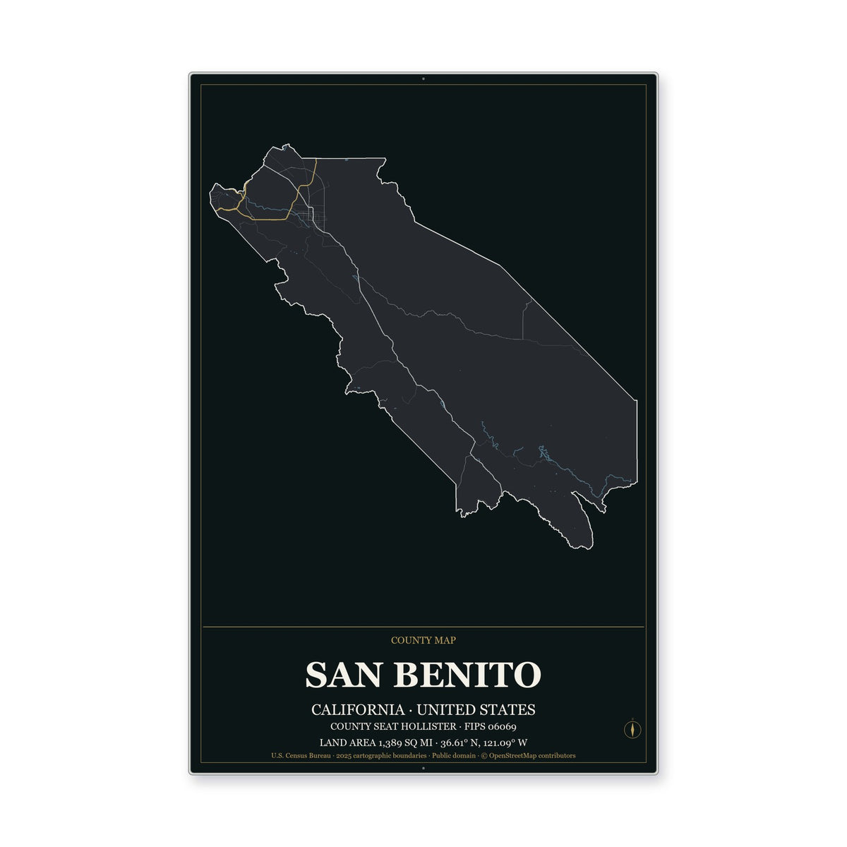 San Benito County, California Map Aluminum Sign in Metropolitan Noir style