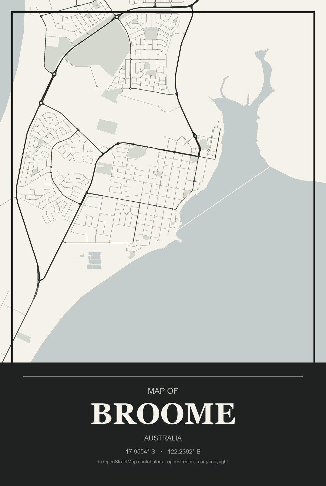 Broome, Australia City Map Aluminum Sign in Museum Plaque style