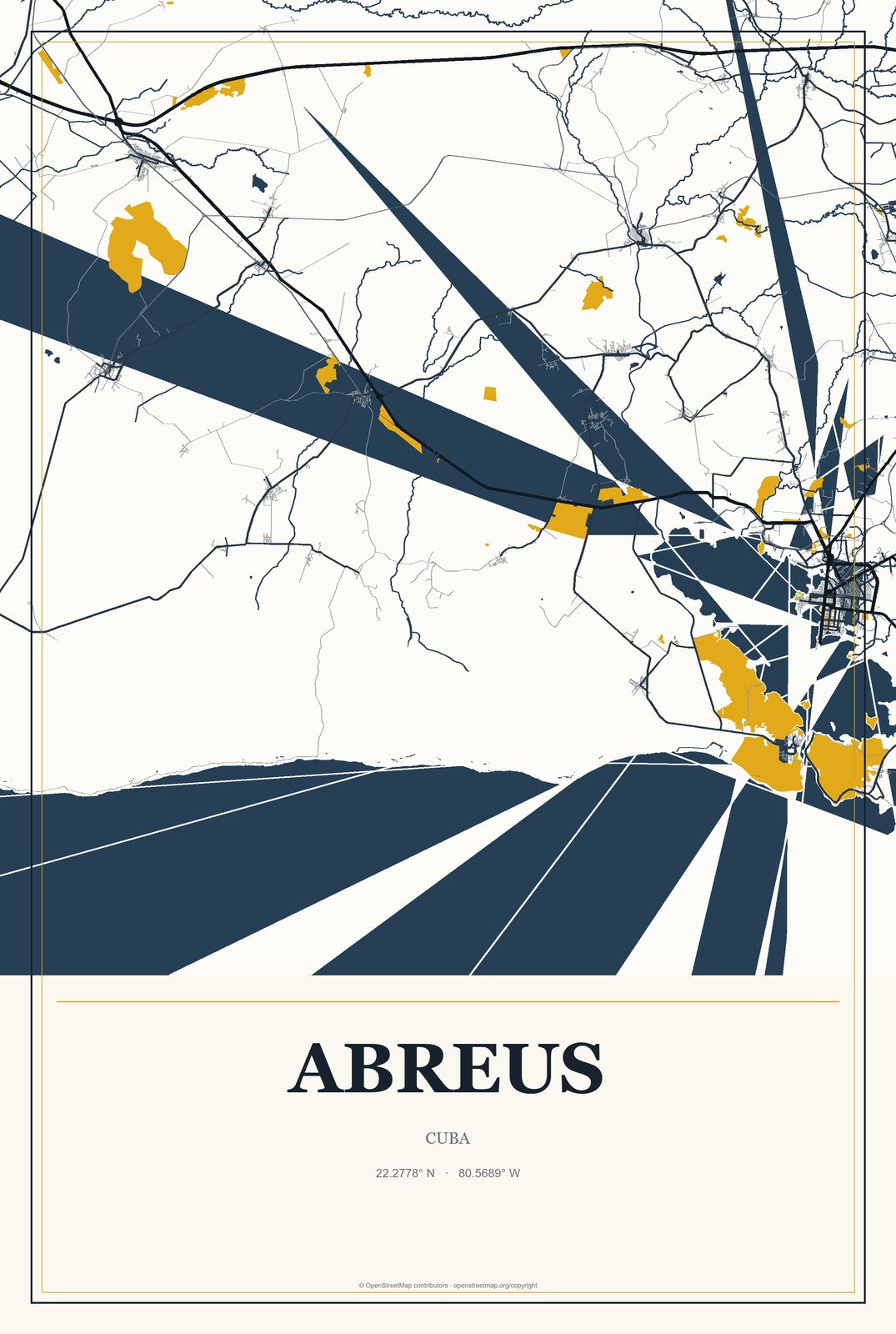 Abreus, Cuba City Map Aluminum Sign in Citrine Modern style