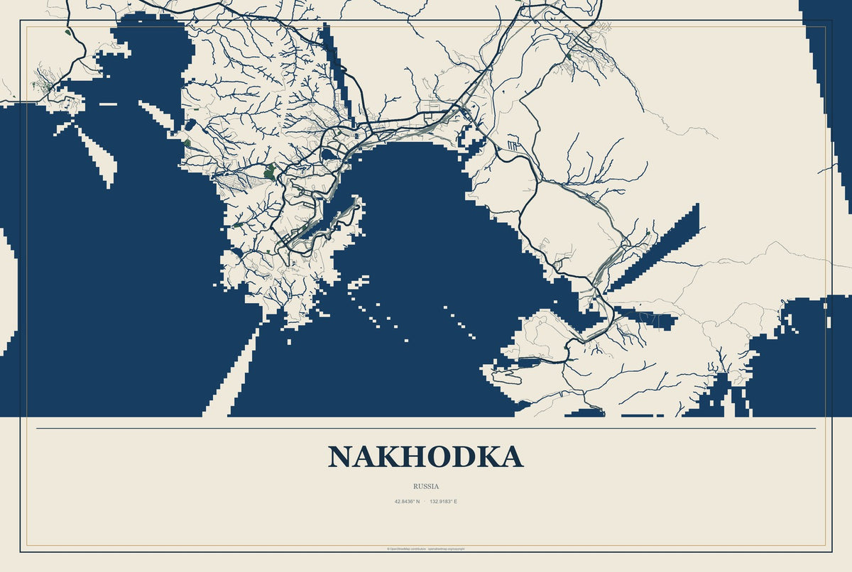 Nakhodka, Russia City Map Aluminum Sign in Coastal Cutout style