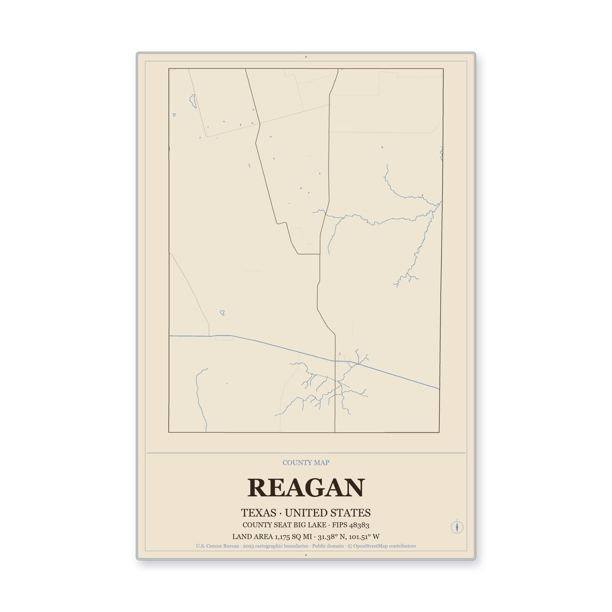 Reagan County, Texas Map Aluminum Sign in Heritage Nautical style