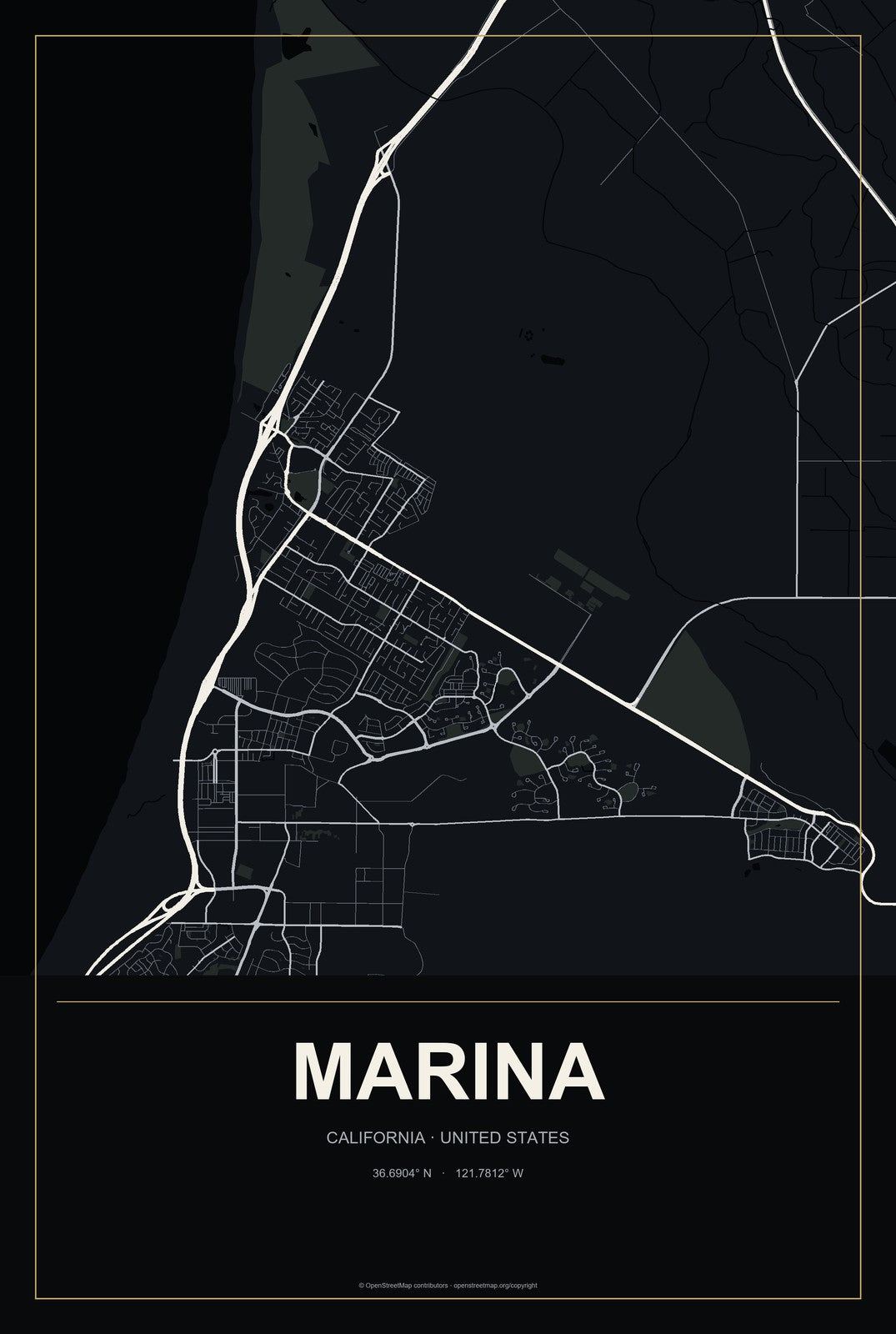 Marina, California City Map Aluminum Sign in Metropolitan Noir style