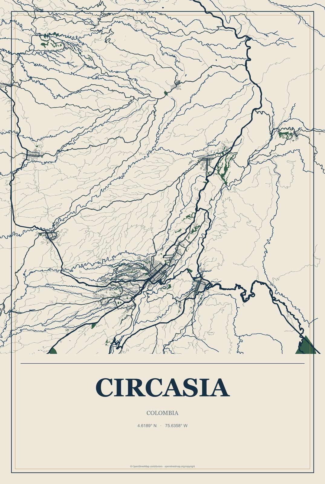 Circasia, Colombia City Map Aluminum Sign in Coastal Cutout style
