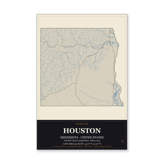 Houston County, Minnesota Map Aluminum Sign in Museum Plaque style
