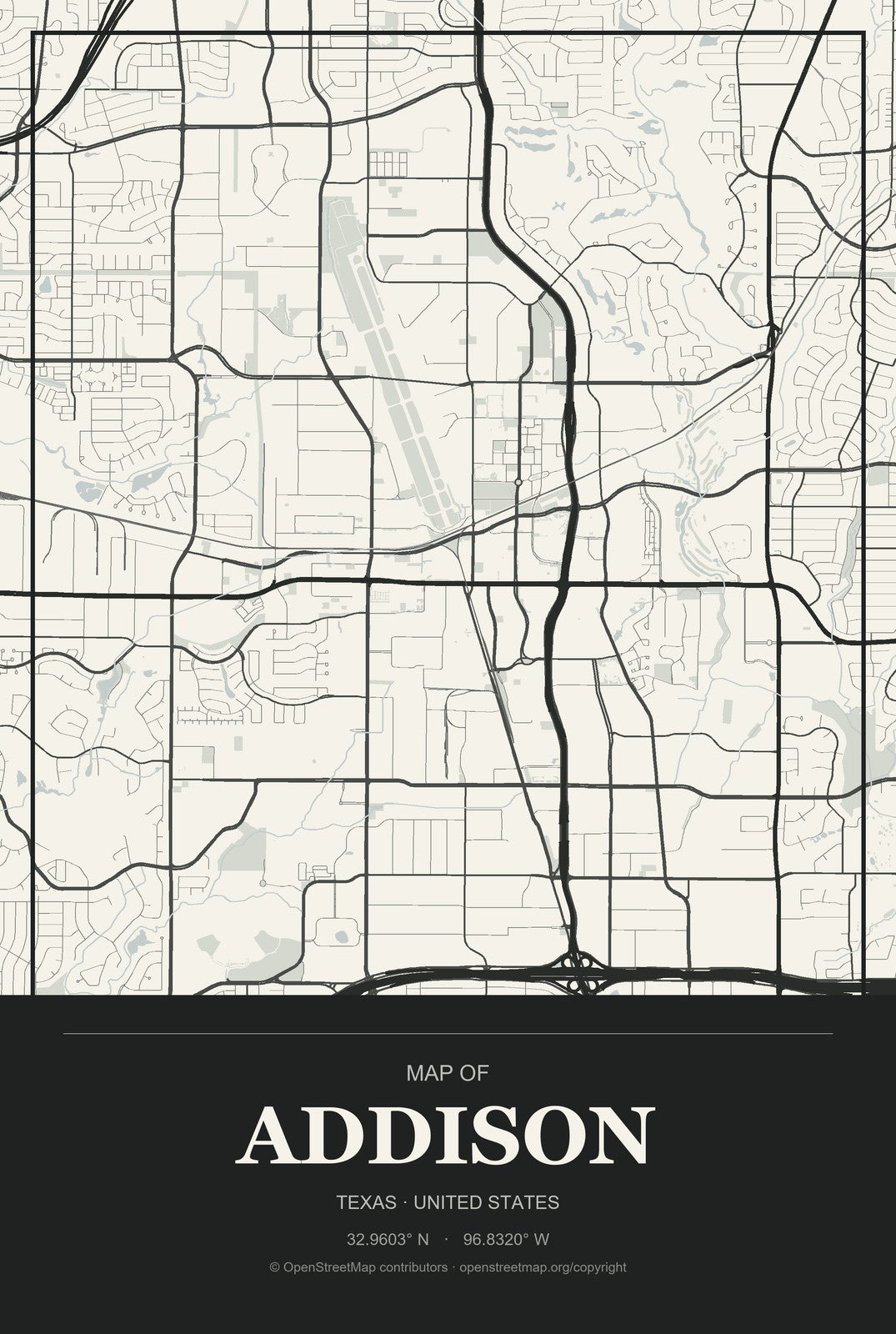 Addison, Texas City Map Aluminum Sign in Museum Plaque style
