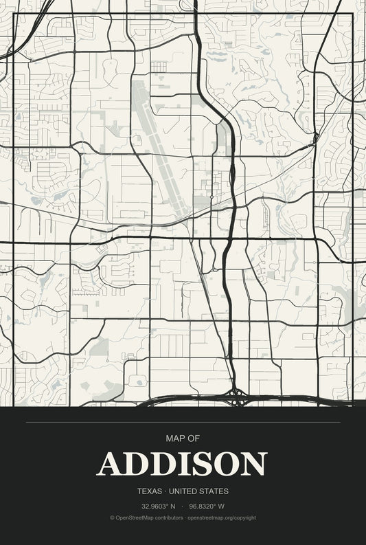 Addison, Texas City Map Aluminum Sign in Museum Plaque style