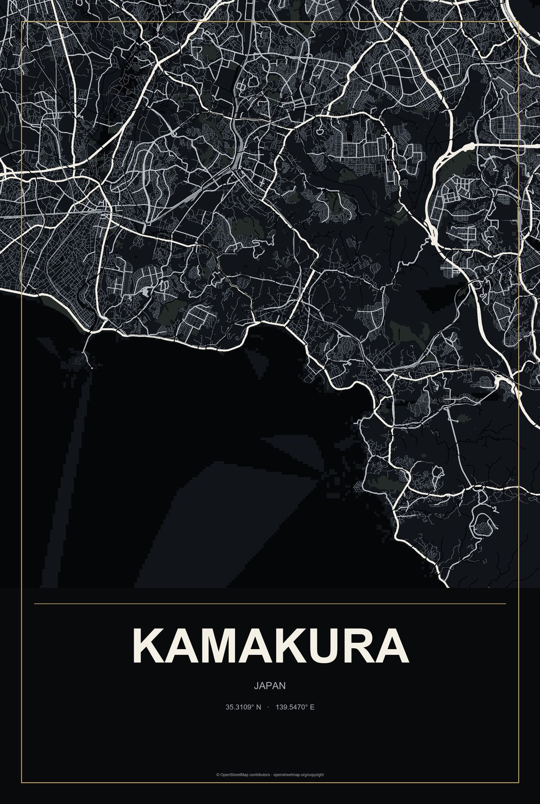 Kamakura, Japan City Map Aluminum Sign in Metropolitan Noir style