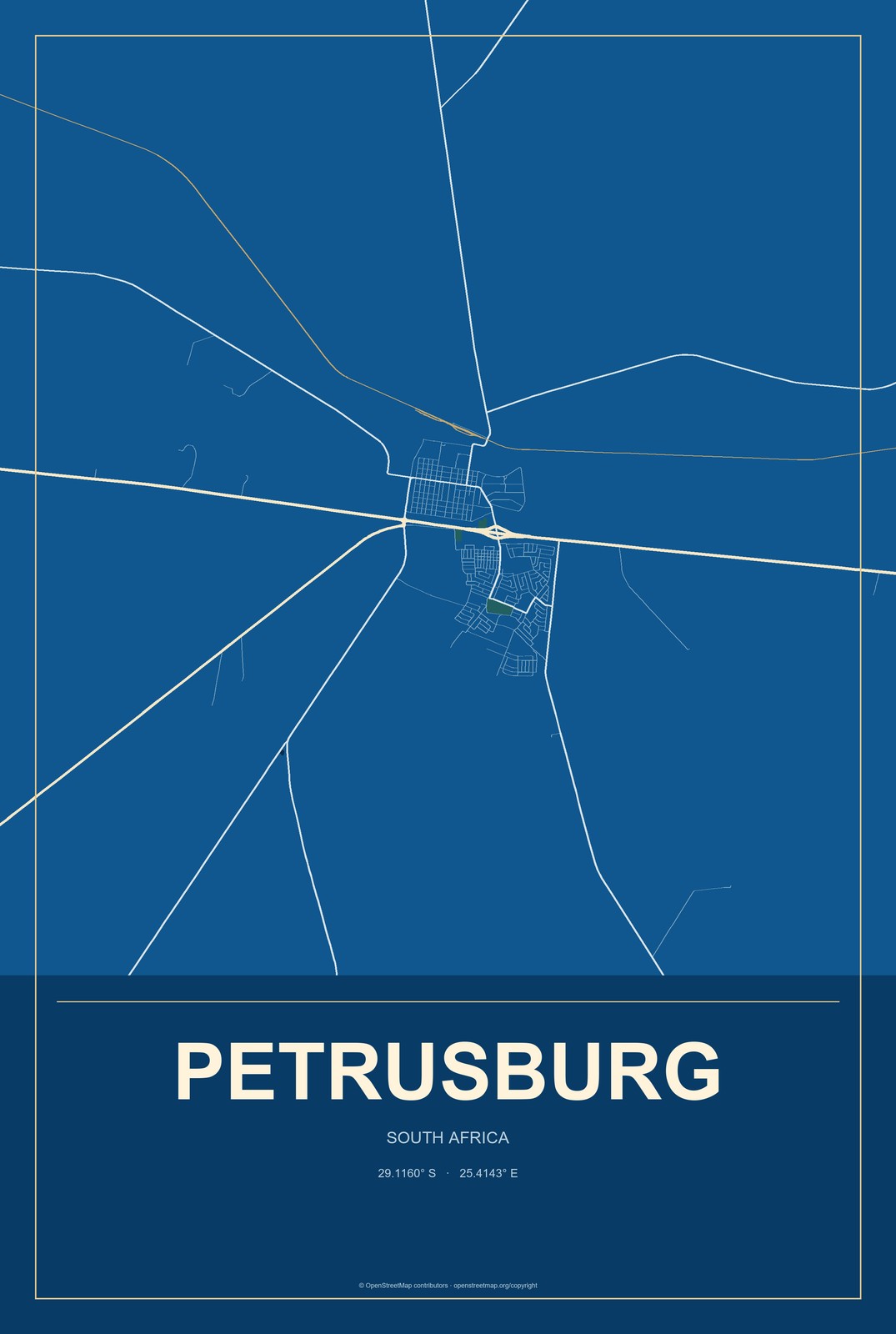 Petrusburg, South Africa City Map Aluminum Sign in Harbor Cobalt style