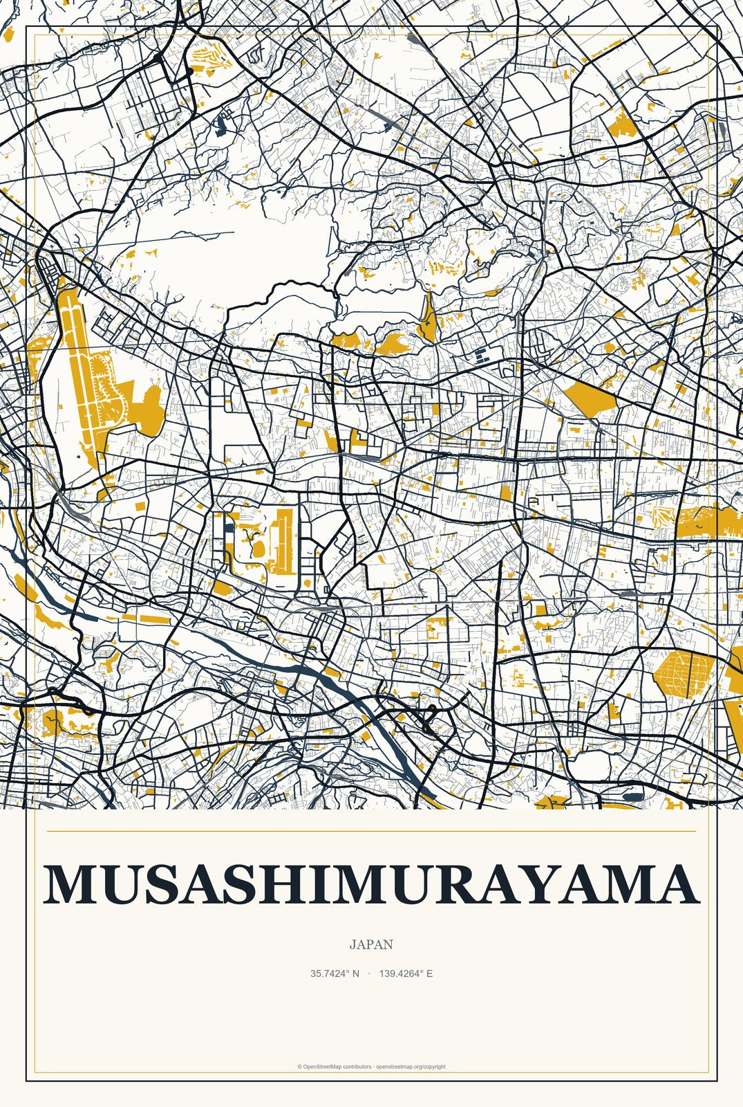 Musashimurayama, Japan City Map Aluminum Sign in Citrine Modern style