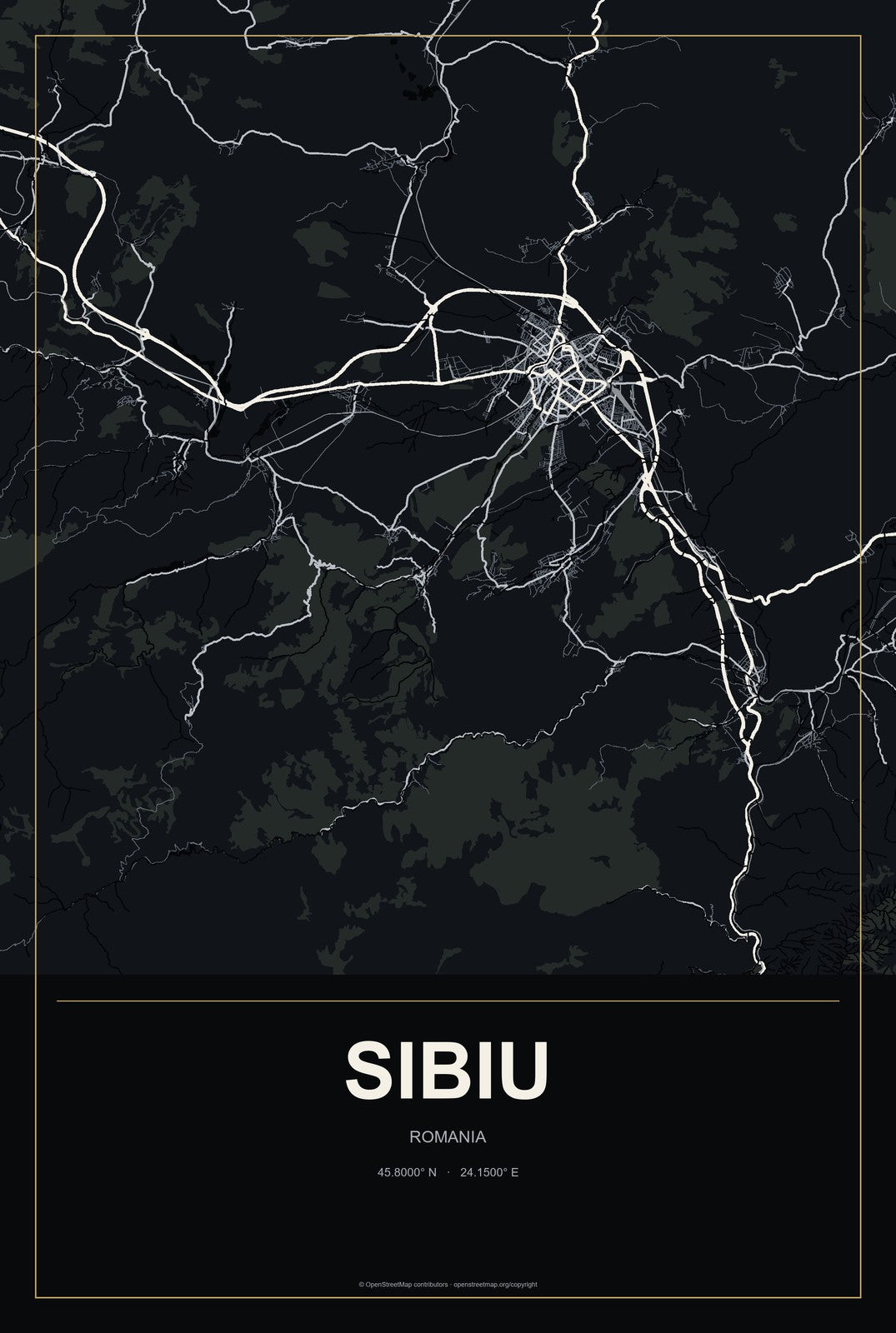 Sibiu, Romania City Map Aluminum Sign in Metropolitan Noir style