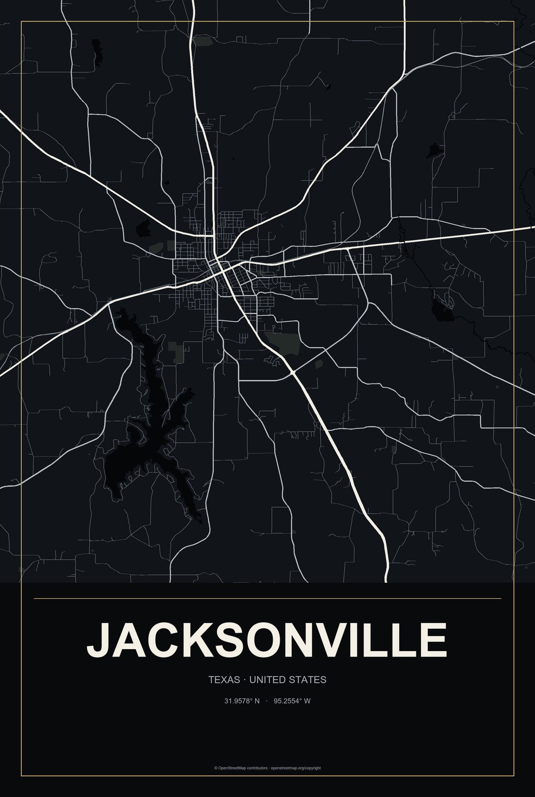 Jacksonville, Texas City Map Aluminum Sign in Metropolitan Noir style