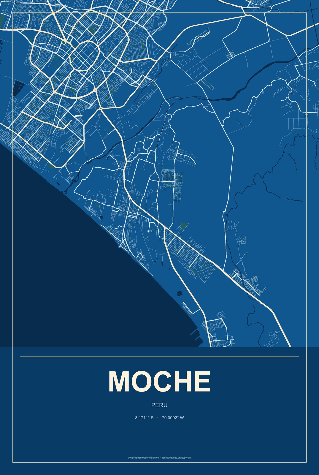 Moche, Peru City Map Aluminum Sign in Harbor Cobalt style