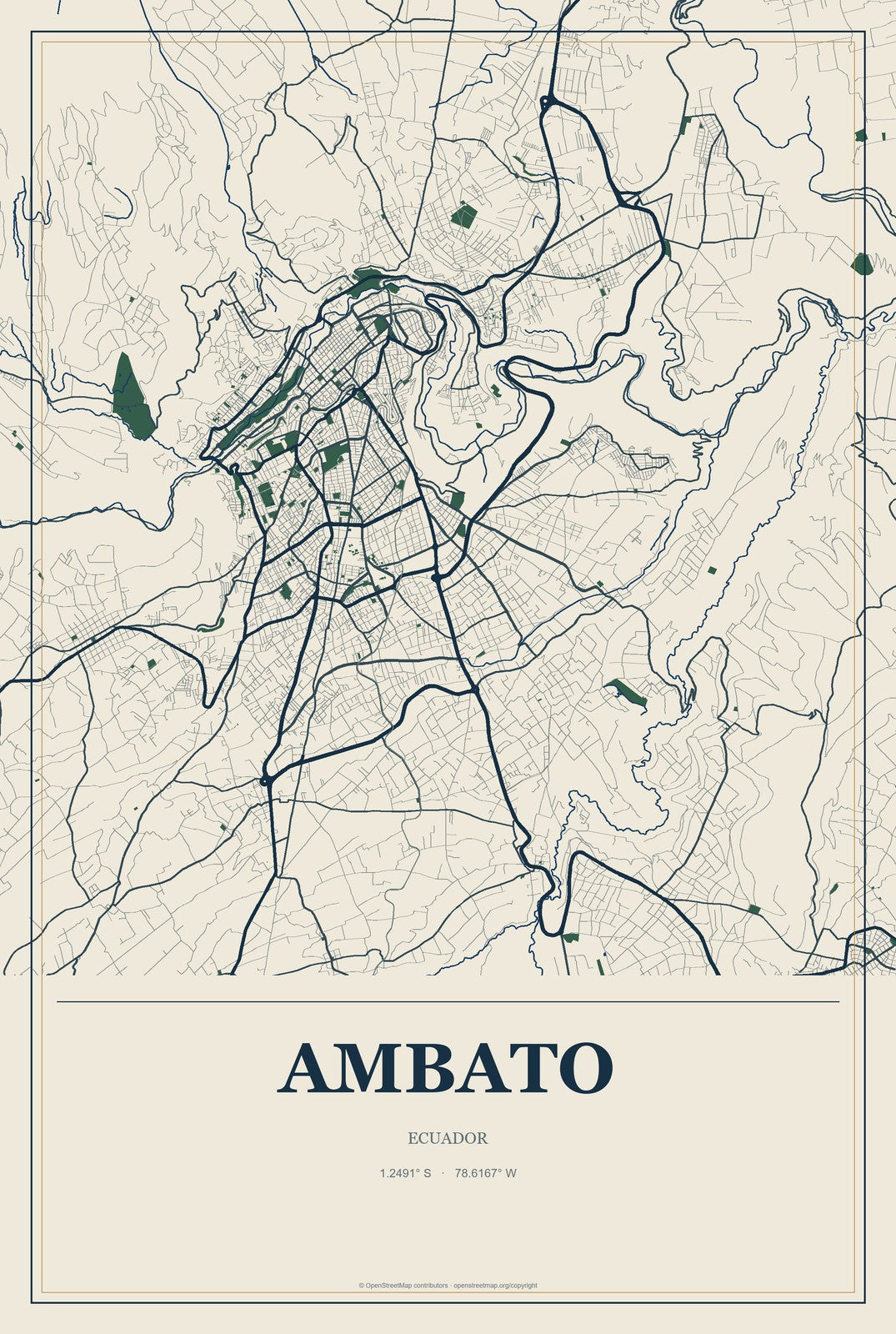 Ambato, Ecuador City Map Aluminum Sign in Coastal Cutout style
