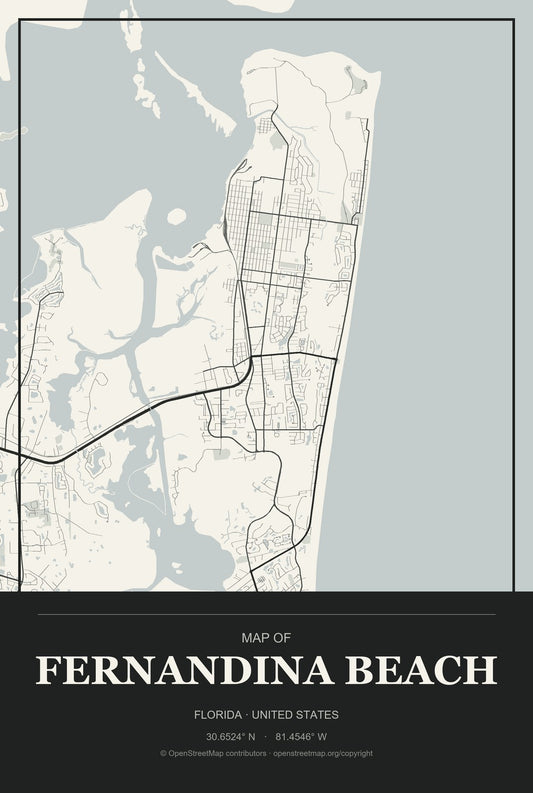 Fernandina Beach, Florida City Map Aluminum Sign in Museum Plaque style