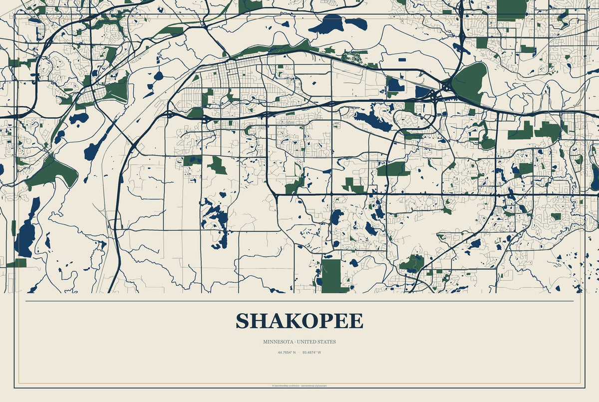 Shakopee, Minnesota City Map Aluminum Sign in Coastal Cutout style