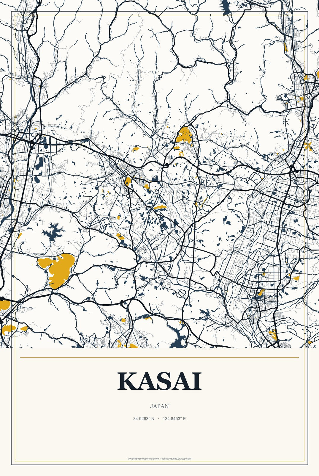 Kasai, Japan City Map Aluminum Sign in Citrine Modern style