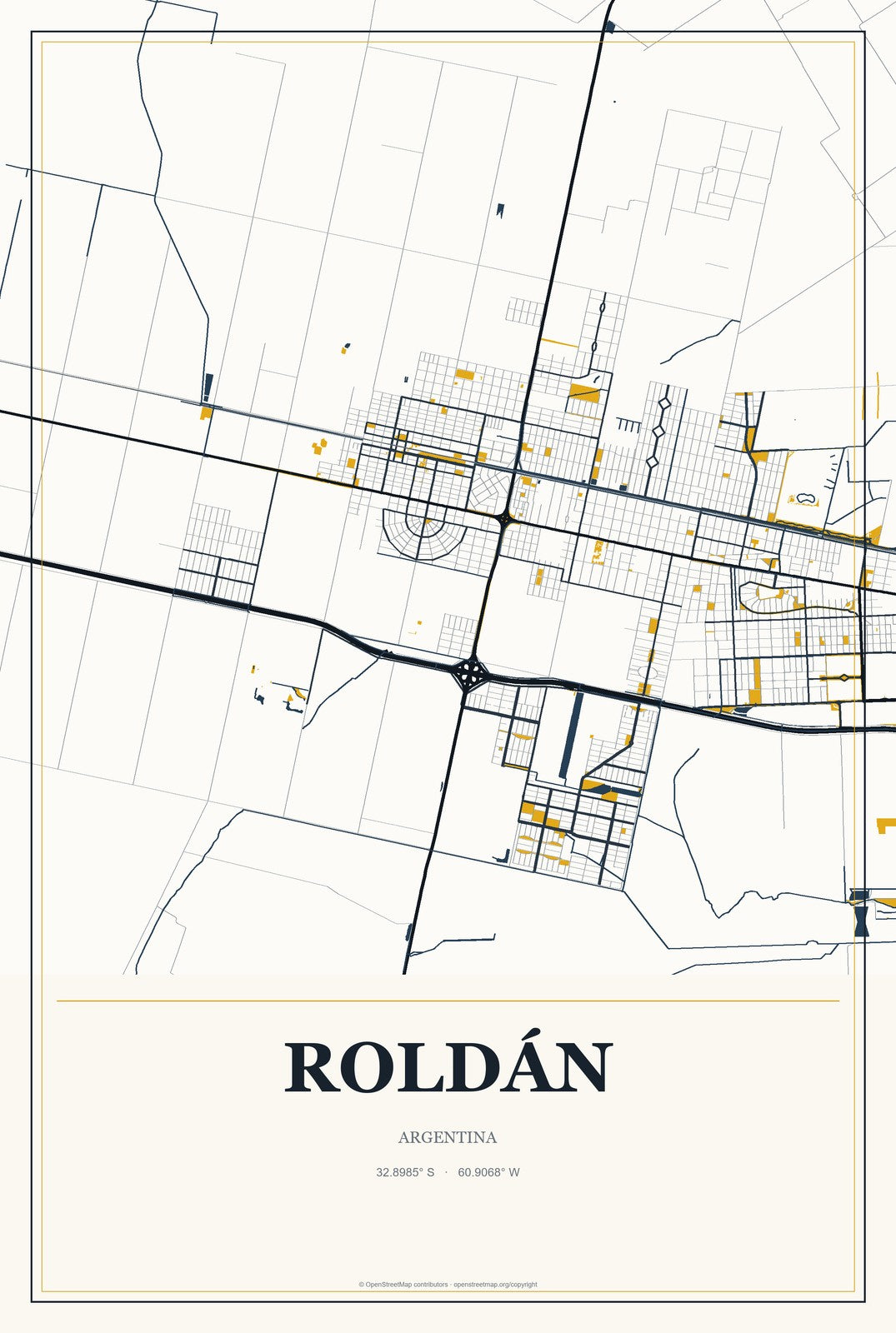 Roldán, Argentina City Map Aluminum Sign in Citrine Modern style