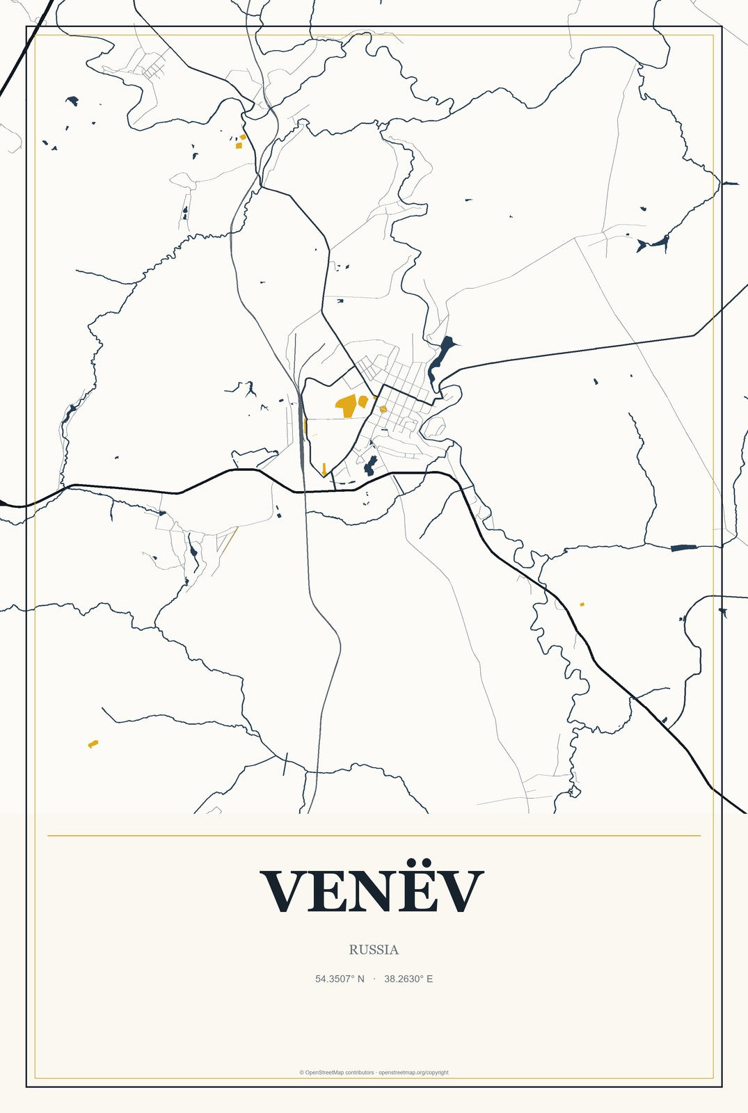 Venëv, Russia City Map Aluminum Sign in Citrine Modern style