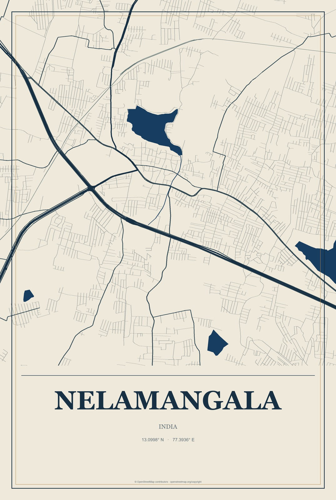 Nelamangala, India City Map Aluminum Sign in Coastal Cutout style