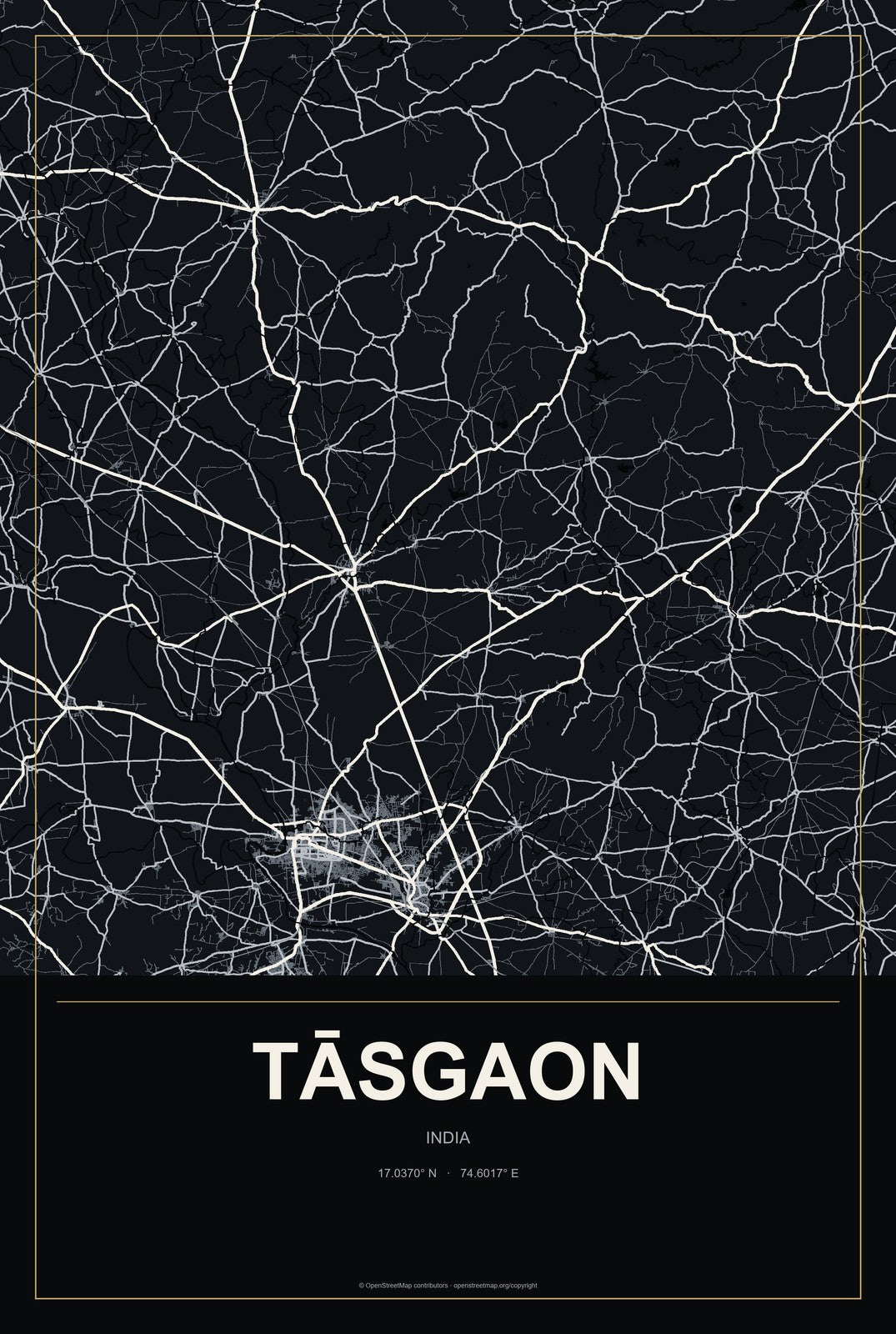 Tāsgaon, India City Map Aluminum Sign in Metropolitan Noir style