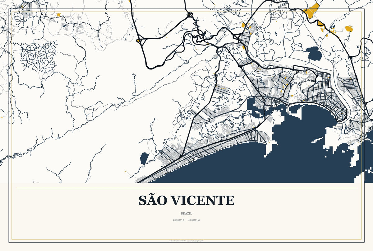 São Vicente, Brazil City Map Aluminum Sign in Citrine Modern style